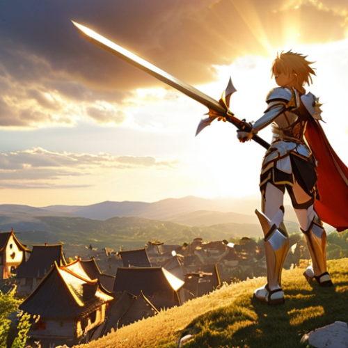 Home 4 **Prompt:** A triumphant Elesis, clad in shining armor, standing atop a hill overlooking a rebuilt village. Villagers cheer in the background. Sunlight streams through the clouds, illuminating her determined face. Golden hour lighting, heroic pose, Elsword style.