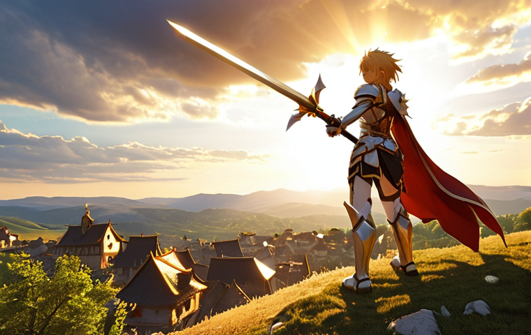**Prompt:** A triumphant Elesis, clad in shining armor, standing atop a hill overlooking a rebuilt village. Villagers cheer in the background. Sunlight streams through the clouds, illuminating her determined face. Golden hour lighting, heroic pose, Elsword style.